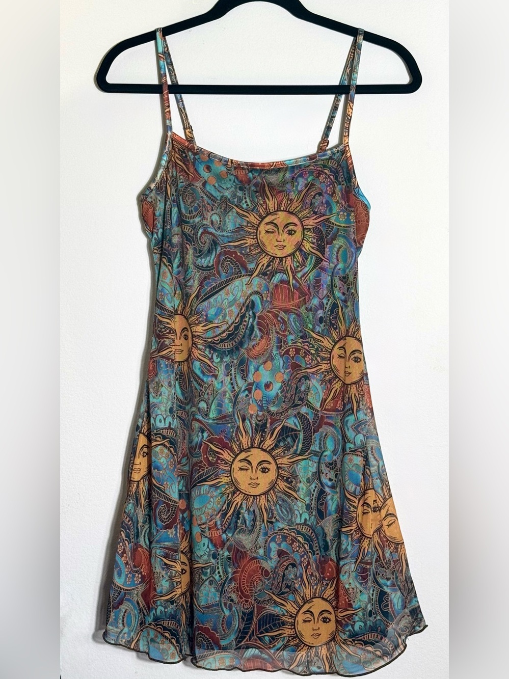 NWT Celestial Sun & Moon Print Slip Dress Boho Festival Y2K, Blue, Size Small
